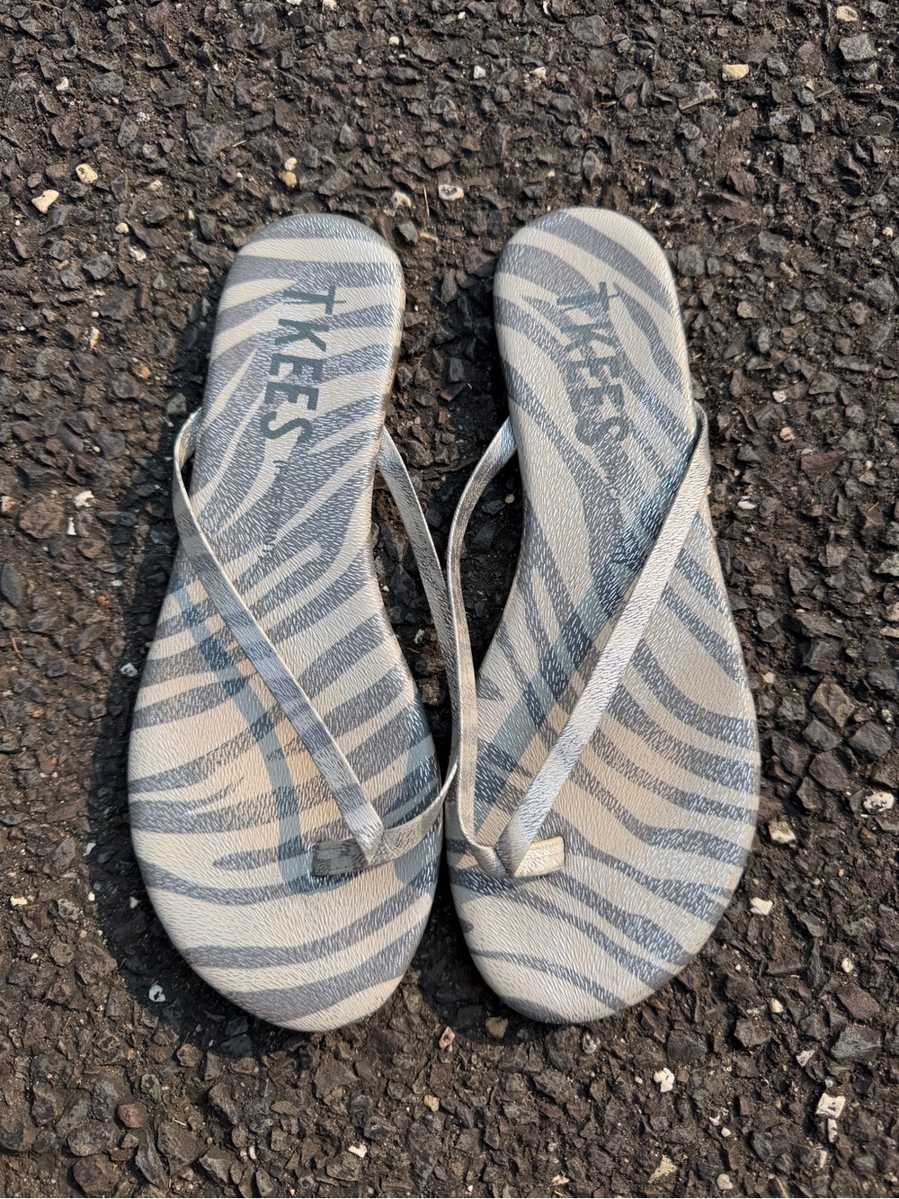 TKEES Silver Strappy Flip Flops with Gray Zebra Print